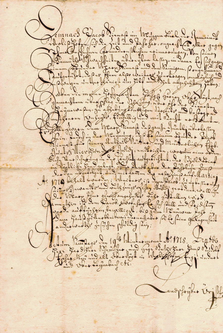 Urkunde vom 13. Dezember 1718: Vergleich zwischen den Brüdern Jacob und Max Kienast am «Muggenbühl»