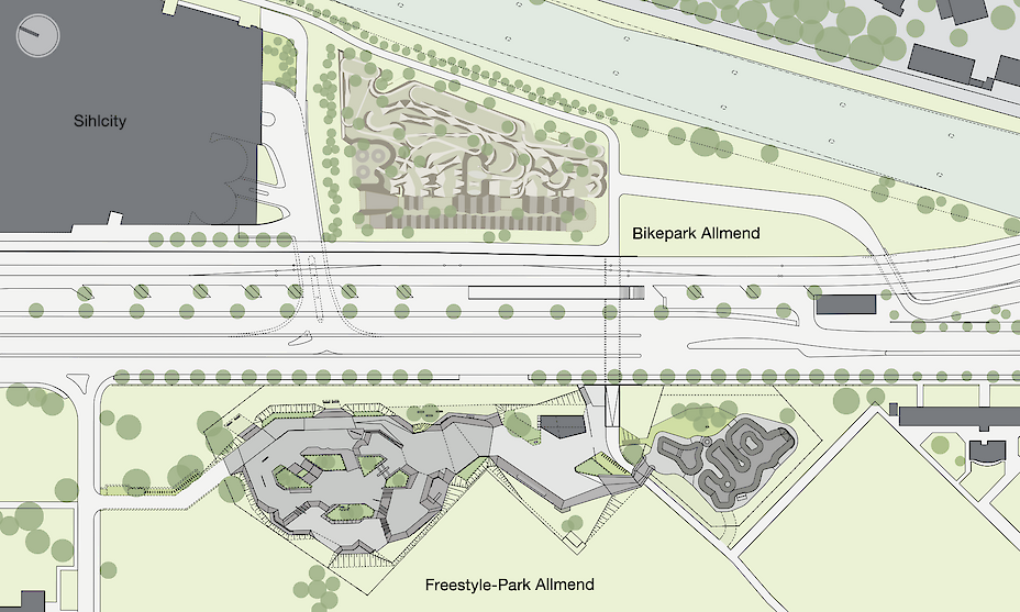 Der Freestylepark (untere Bildhälfte) besteht aus einem Streetbereich (links) und einem Poolbereich (rechts).