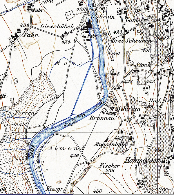 Auf der Siegfriedkarte von 1885 ist der Fabrikkanal gut erkennbar. (Quelle: Stadt Zürich)