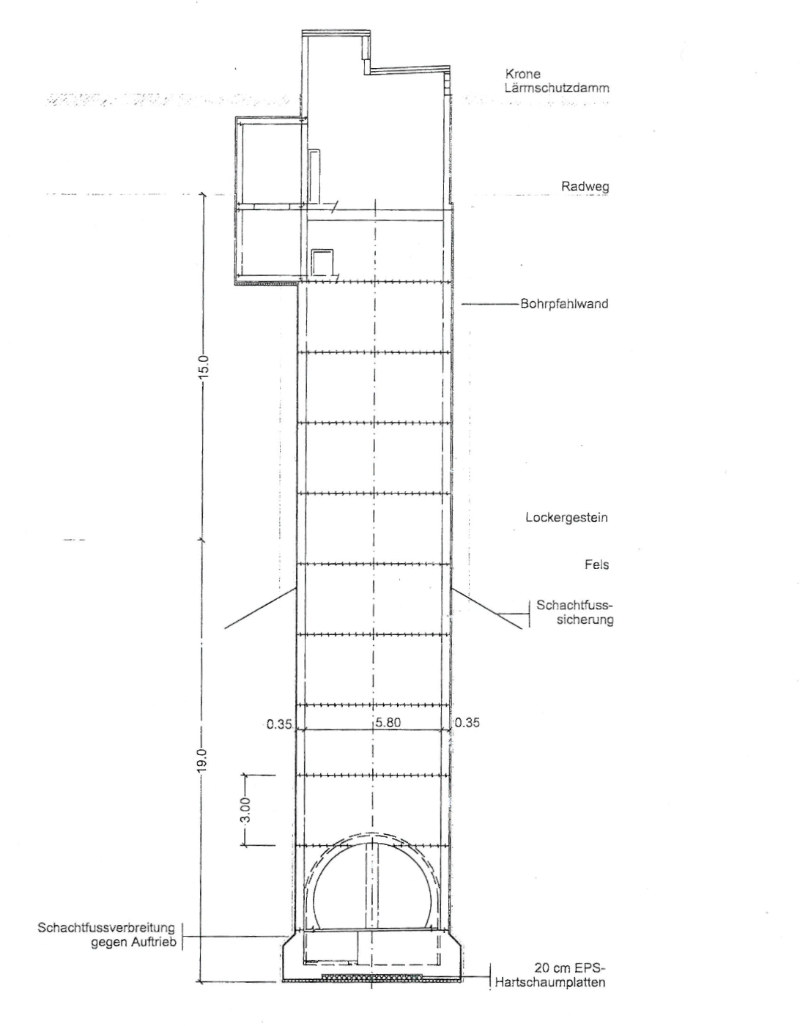 Schnitt durch den Schacht. Von aussen sichtbar ist nur der alleroberste  schmale Teil. (Schema: Raffaele Filippini, Projektleiter)