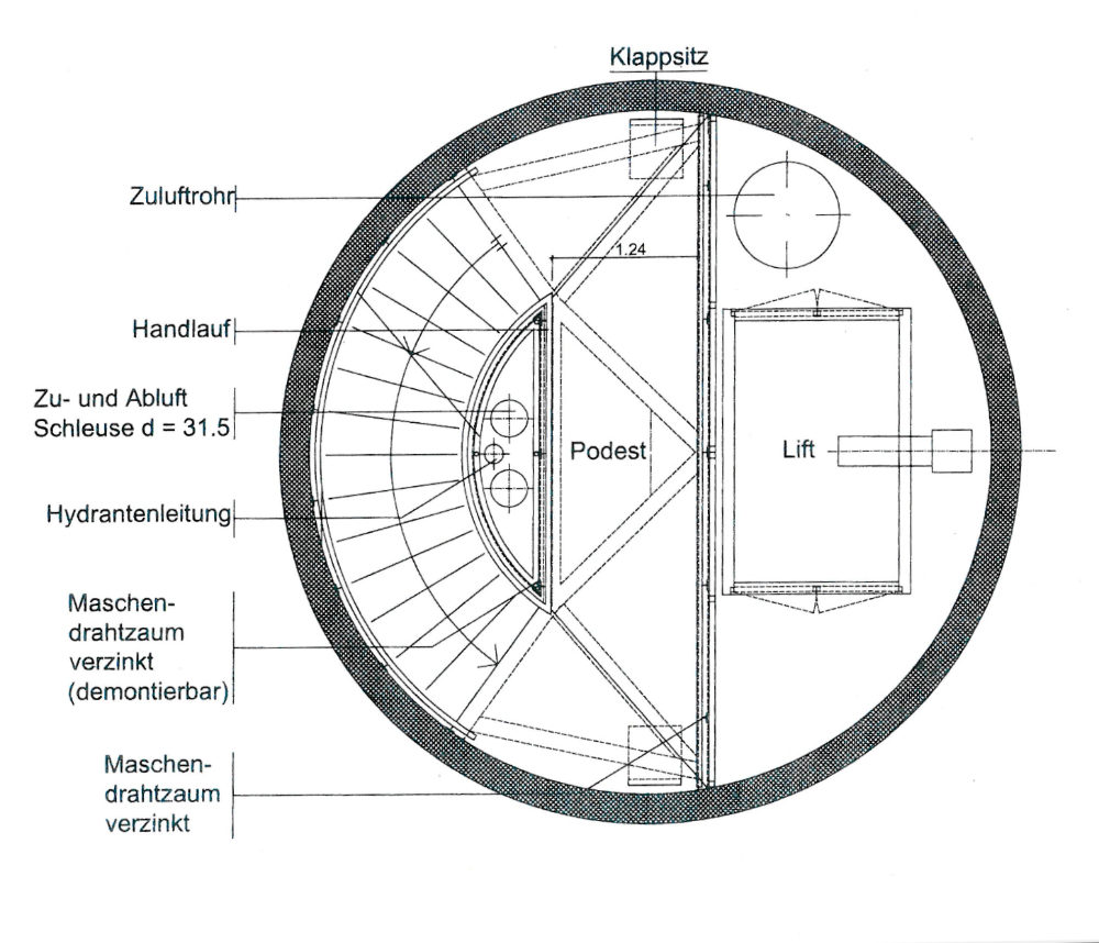 Über Lift und Treppe können die zu evakuierenden Personen vom Tunnel auf die Erdoberfläche gelangen. (Schema: Raffaele Filippini, Projektleiter)