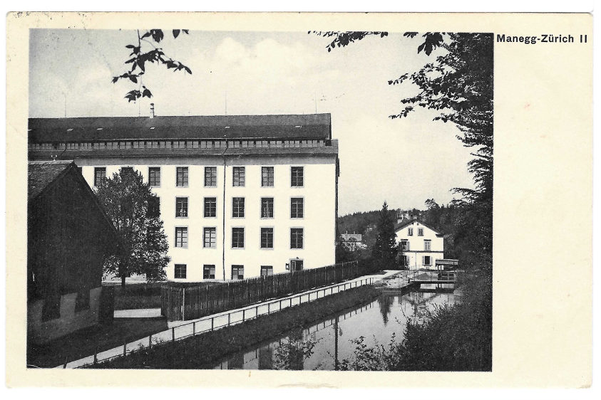 Von 1875 - 1904 Spinnerei Manegg, dann Papierfabrik an der Sihl, heute Wohnhaus in der Green City. (Postkarte, Sammlung Markus Zimmermann)
