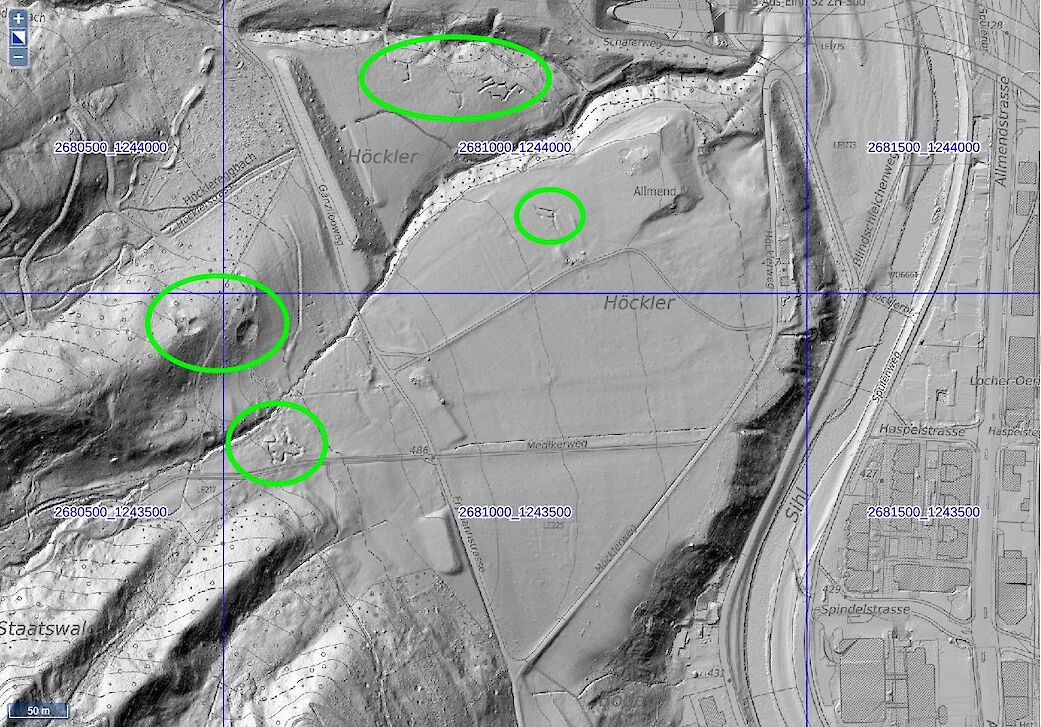 Auf diesem mit LIDAR erstellten Foto des Höcklers sind vom Militär erstellte Gräben und Detonationslöcher aus dem 19. und frühen 20. Jahrhundert zu sehen. (Kartenausschnitt maps.zh.ch)
